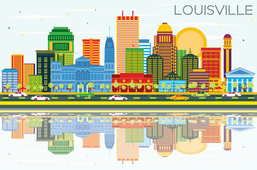 Louisville Kentucky USA City Skyline with Color Buildings, Blue Sky and Reflections. vector