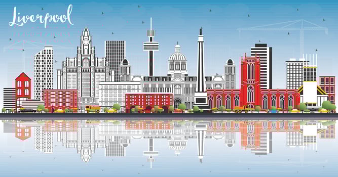 Liverpool Skyline with Color Buildings, Blue Sky and Reflections. vector
