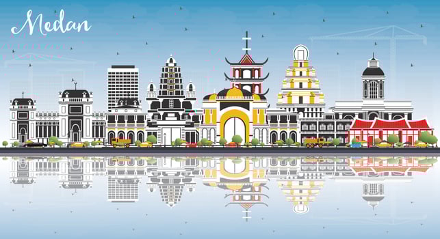 Medan Indonesia City Skyline with Color Buildings, Blue Sky and Reflections. vector
