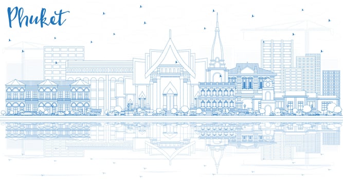 Outline Phuket Thailand City Skyline with Blue Buildings and Reflections. vector