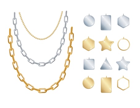 Realistic Detailed 3d Gold and Silver Chain Necklace with Pendants Set. Vector