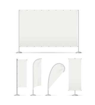 Realistic 3d Detailed White Advertising Flags Banners Set. Vector