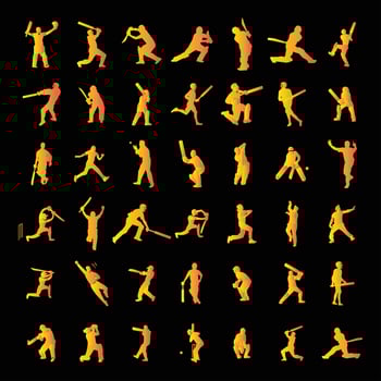 Large collection of silhouettes of cricket player - batsman, bowler and cricket elements. vector