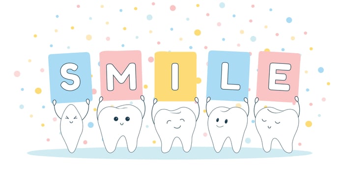 Poster with cute smiling cartoon teeth isolated on white background. Vector illustration.