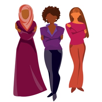 Embrace Equity concept.Three women of different nationality African American,European and Muslim woman embrace themselves vector illustration.Group of diverse women,Activism concept self love.IWD.