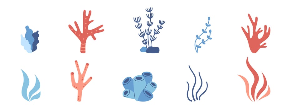 Vector water plant collection with corals, seaweed and algae. Marine set with sea and ocean plants.