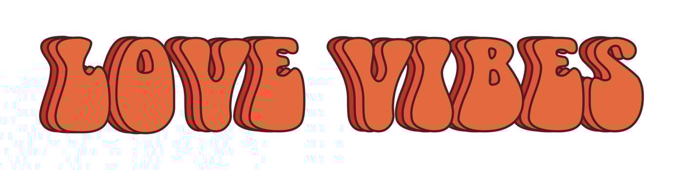 Vector love vibes text in retro style. Happy Valentines day. Love vibes phrase y2k. Vintage illustration with groovy text. Volumetric font.