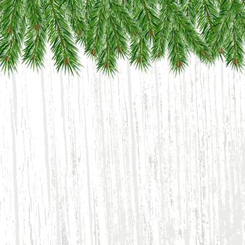 Green pine branches on gray wooden background. Place for text. Vector Christmas and New Year background.