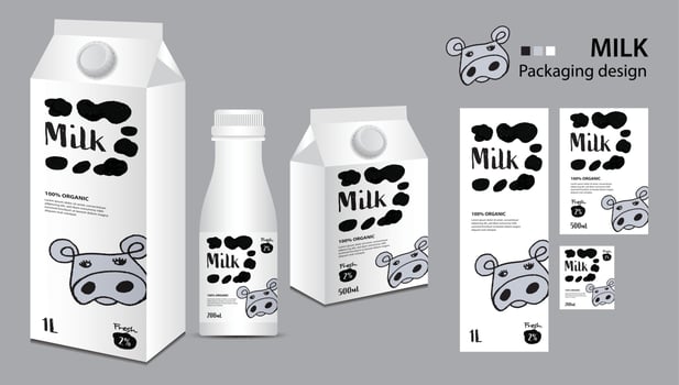 Milk package design, milk label design, Milk boxes set and bottle vector, box realistic 3d illustration, creative packaging template, product design, food banner, cute cow logo cartoon illustration vector
