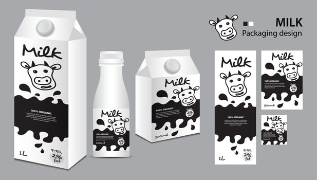 Milk package design, milk label design, Milk boxes set and bottle vector, box realistic 3d illustration, creative packaging template, product design, food banner, cute cow logo cartoon illustration vector