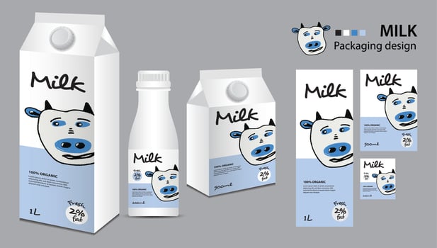 Milk package design, milk label design, Milk boxes set and bottle vector, box realistic 3d illustration, creative packaging template, product design, food banner, cute cow logo cartoon illustration vector