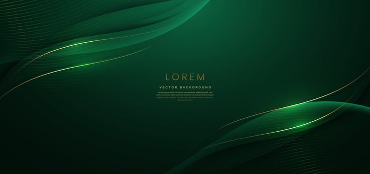 Abstract 3d gold curved green ribbon on dark green background with lighting effect and sparkle with copy space for text. Luxury design style. vector