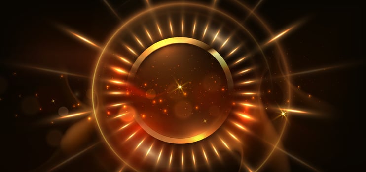 Abstract glowing circle gold lines on dark brown background with lighting effect and sparkle with copy space for text. Luxury design style. vector