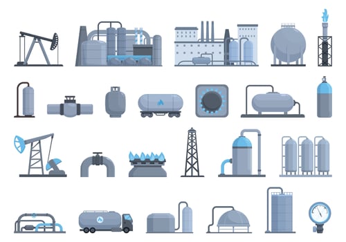 Gas production icons set cartoon vector. Pipeline rig vector