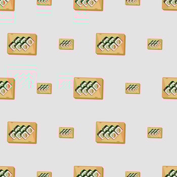 cartoon sushi roll, japanese food seamless pattern on colorful background vector