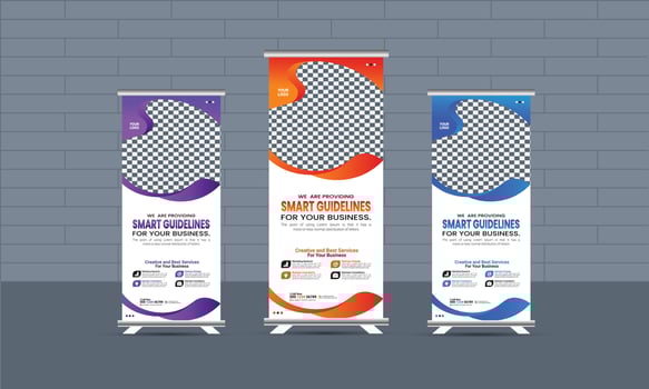 Business corporate roll-up banner template,  Professional roll-up stand banner template Set vector layout, x-stand, exhibition display, smart guideline concept, Standee Design, vector rollup mockup