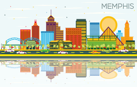 Memphis Tennessee Skyline with Color Buildings, Blue Sky and Reflections. vector