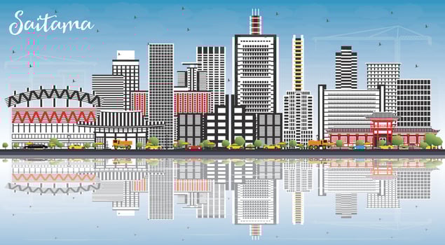 Saitama Japan City Skyline with Color Buildings, Blue Sky and Reflections. vector