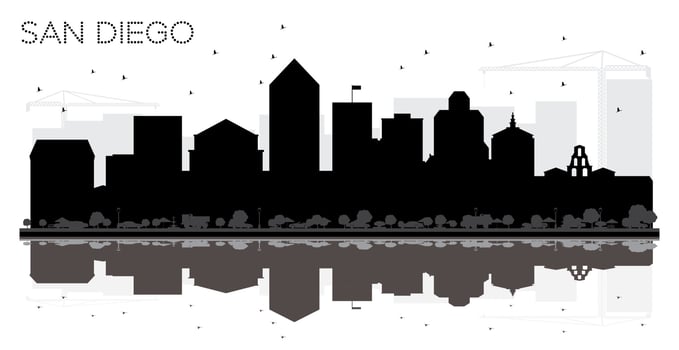 San Diego City skyline black and white silhouette with Reflections. vector