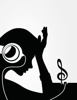 The girl listens to music through ear-phones. A vector illustration