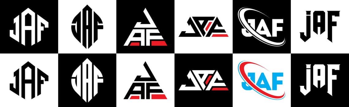 JAF letter logo design in six style. JAF polygon, circle, triangle, hexagon, flat and simple style with black and white color variation letter logo set in one artboard. JAF minimalist and classic logo vector