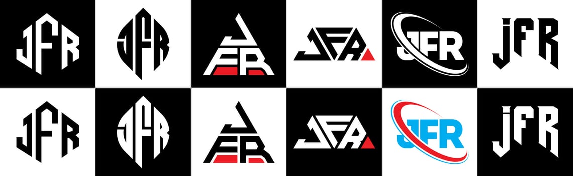 JFR letter logo design in six style. JFR polygon, circle, triangle, hexagon, flat and simple style with black and white color variation letter logo set in one artboard. JFR minimalist and classic logo vector