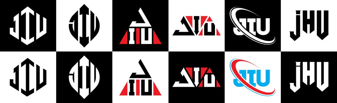 JIU letter logo design in six style. JIU polygon, circle, triangle, hexagon, flat and simple style with black and white color variation letter logo set in one artboard. JIU minimalist and classic logo vector