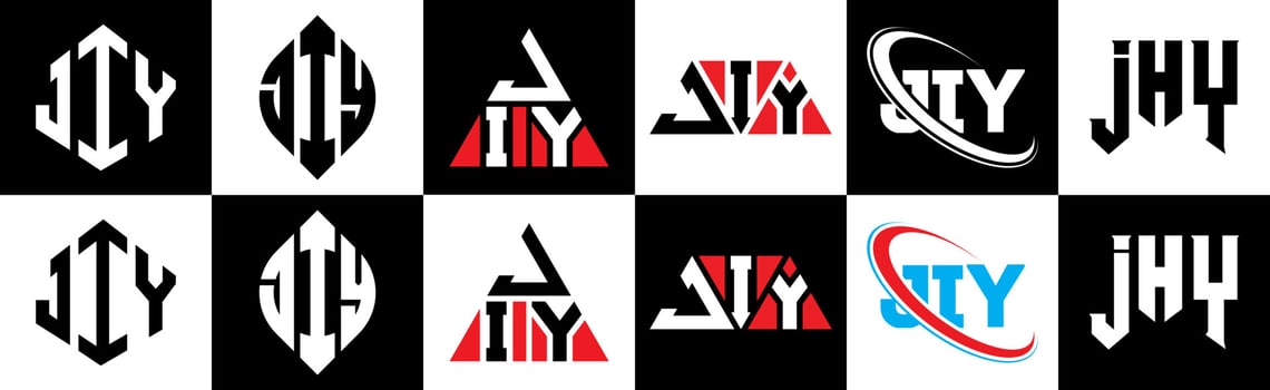 JIY letter logo design in six style. JIY polygon, circle, triangle, hexagon, flat and simple style with black and white color variation letter logo set in one artboard. JIY minimalist and classic logo vector