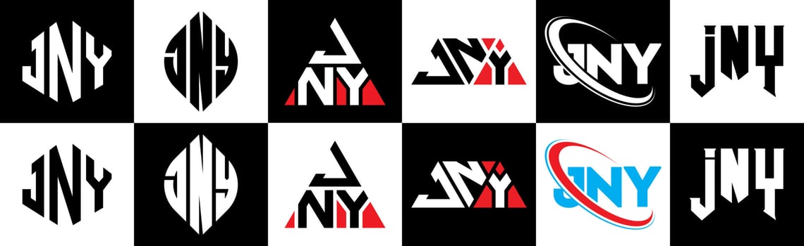 JNY letter logo design in six style. JNY polygon, circle, triangle, hexagon, flat and simple style with black and white color variation letter logo set in one artboard. JNY minimalist and classic logo vector
