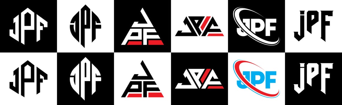 JPF letter logo design in six style. JPF polygon, circle, triangle, hexagon, flat and simple style with black and white color variation letter logo set in one artboard. JPF minimalist and classic logo vector