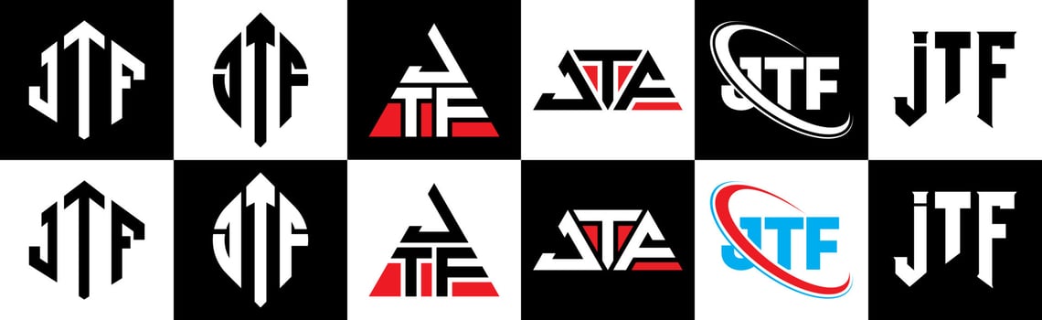 JTF letter logo design in six style. JTF polygon, circle, triangle, hexagon, flat and simple style with black and white color variation letter logo set in one artboard. JTF minimalist and classic logo vector