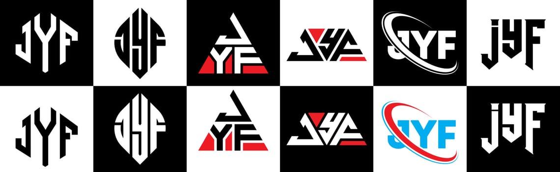 JYF letter logo design in six style. JYF polygon, circle, triangle, hexagon, flat and simple style with black and white color variation letter logo set in one artboard. JYF minimalist and classic logo vector