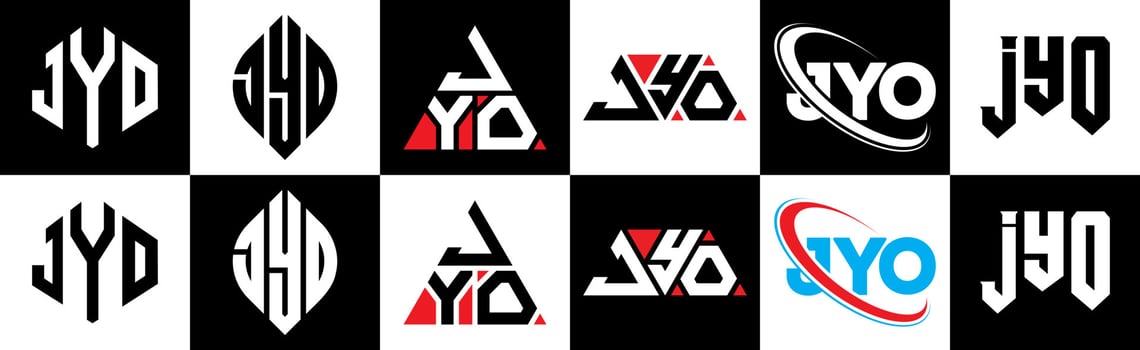 JYO letter logo design in six style. JYO polygon, circle, triangle, hexagon, flat and simple style with black and white color variation letter logo set in one artboard. JYO minimalist and classic logo vector