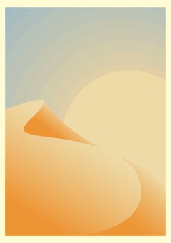 Desert landscape, gradient dunes and sunrise illustration. Earth tones, burnt orange, beige colors. Boho wall decor. Mid century modern minimalist art print. Organic shape vector