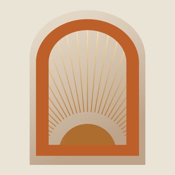 Boho linear gradient sun with arch illustration. Terracotta architecture elements in bohemian style. Bohemian sun, lines sign, logo. Moroccan contemporary aesthetic art. vector