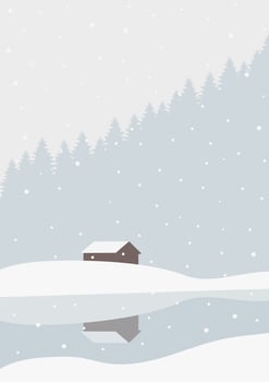 Winter landscape house in wild forest illustration poster. Snowy panorama, minimalist wall decor. Vector art print
