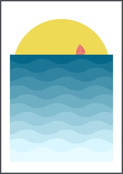 Waves and ship nursery illustration poster. Cute sailing ship. Kid sailboat. Baby print, art print for bedroom decor. vector