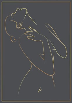 Golden colored woman silhouette poster. Feminine concept. Hand painted design for wall decor, print, card, wallpaper, background. Vector illustration.