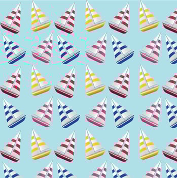 Vector seamless pattern. Boat, Sailboat with with sails of different colors on a blue background. World travel vector concept