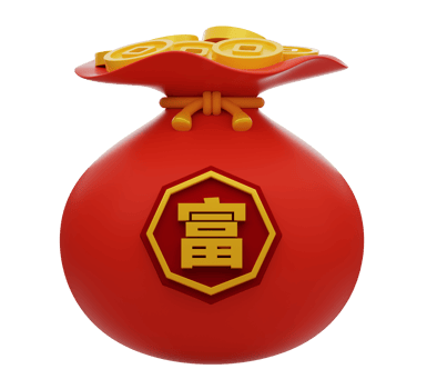 Money bag full of gold coins. Chinese new year elements icon. Text means wealthy. png