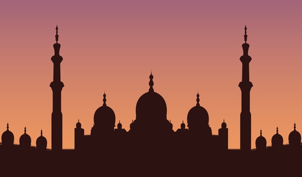 Mosque silhouette. Arabic architecture silhouette, islamic cityscape panorama and minaret skyline silhouettes. Vector illustration.