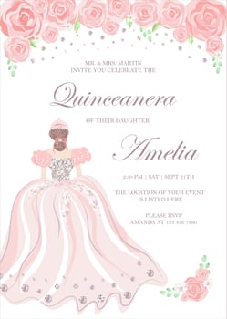 Quinceanera Birthday celebration invitation card for Latin America girl in floral design theme decoration with tiara, beautiful flowers, leaves. Vector illustration.