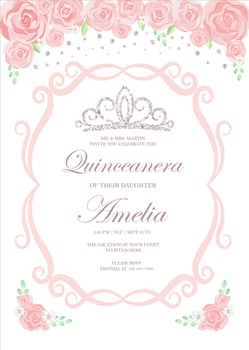 Quinceanera Birthday celebration invitation card for Latin America girl in floral design theme decoration with tiara, beautiful flowers, leaves. Vector illustration.
