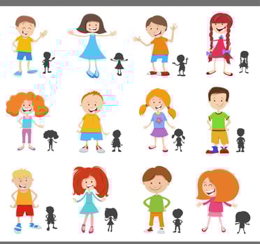 cartoon happy children characters with silhouettes set vector
