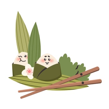 Cartoon Cute onigiri with chopsticks in nature. Asian food. Rice ball as traditional japanese dish. Doodle drawn vector illustration for menu, poster, flyer, banner, cooking concept