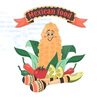 Cute comic character corn with vegetables and maracas. Rich harvest. Mexican food. Doodle drawn vector illustration for dishes, menu, poster, flyer, banner, delivery, cooking concept