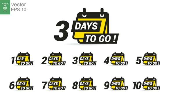 Number 1, 2, 3, 4, 5, 6, 7, 8, 9, 10 of days left to go collection badges sale landing page banner. Vector illustration design isolated on white background. EPS 10.