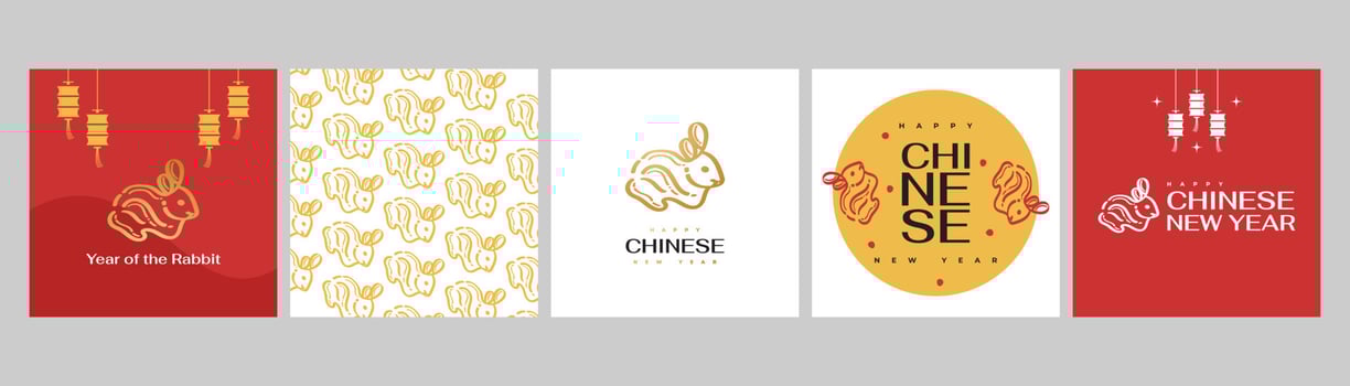 2023 Chinese New Year - year of the Rabbit poster set. Minimal and trendy poster template with cute rabbit illustration vector