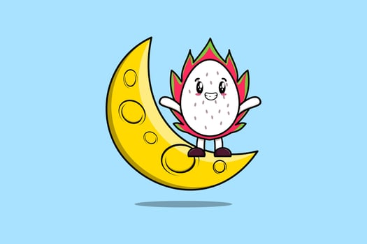 Cartoon Dragon fruit standing on the crescent moon vector