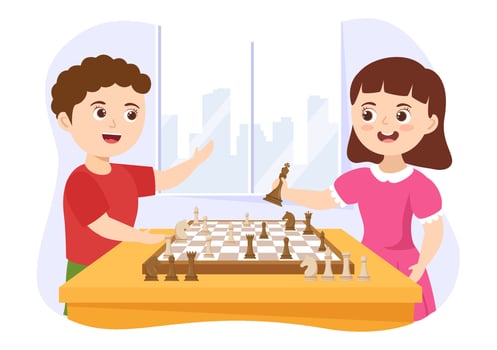 Chess Board Game Illustration with Kids Sitting Opposite and Playing for Web Banner or Landing Page in Flat Cartoon Hand Drawn Templates Illustration vector